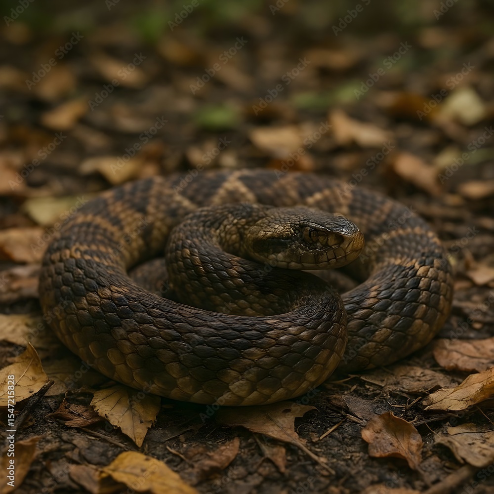 Close-Up of a Venomous Snake Coiled on Leaf-Covered Forest Floor with Natural Lighting and Shallow Depth of Field for World Snake Day Close-Up of a Venomous Snake Coiled on Leaf-Covered Forest Floor with Natural Lighting and Shallow Depth of Field for World Snake Day