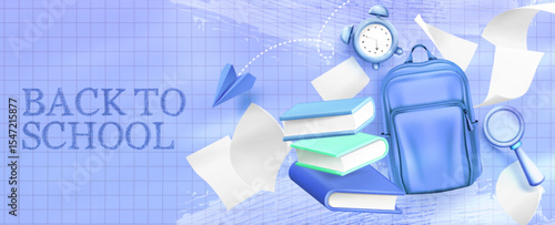 3d back to school scene with blue backpack, floating books, alarm clock, paper airplane, magnifying glass on grid background. Educational supplies for student return, modern learning concept design.