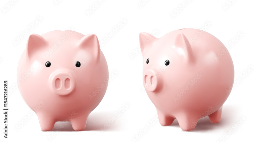 Pink 3d piggy banks from front and side angles - ceramic money savings containers with snout, ears, black eyes. Realistic financial concept for banking, investment or personal budget management. Pink 3d piggy banks from front and side angles - ceramic money savings containers with snout, ears, black eyes. Realistic financial concept for banking, investment or personal budget management.