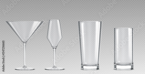 Empty glass collection with martini, wine goblet and tall tumblers on transparent background. Clear crystal drinkware set for cocktails, beverages or bar service. Realistic glassware shapes for cafe.
