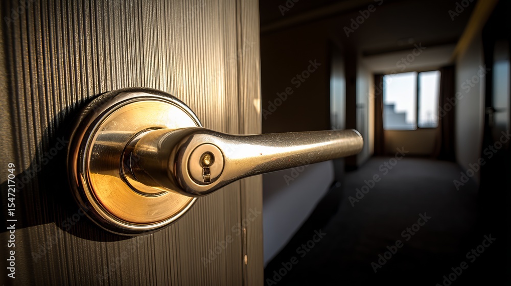 Close-up of a metallic door handle in a dimly lit hotel corridor Close-up of a metallic door handle in a dimly lit hotel corridor