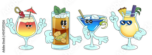 Groovy cocktail characters with cartoon faces and arms - tropical sunrise drink waving peace signs, mojito glass, blue martini, yellow pina colada with pointing finger gesture. Retro beverage mascots.