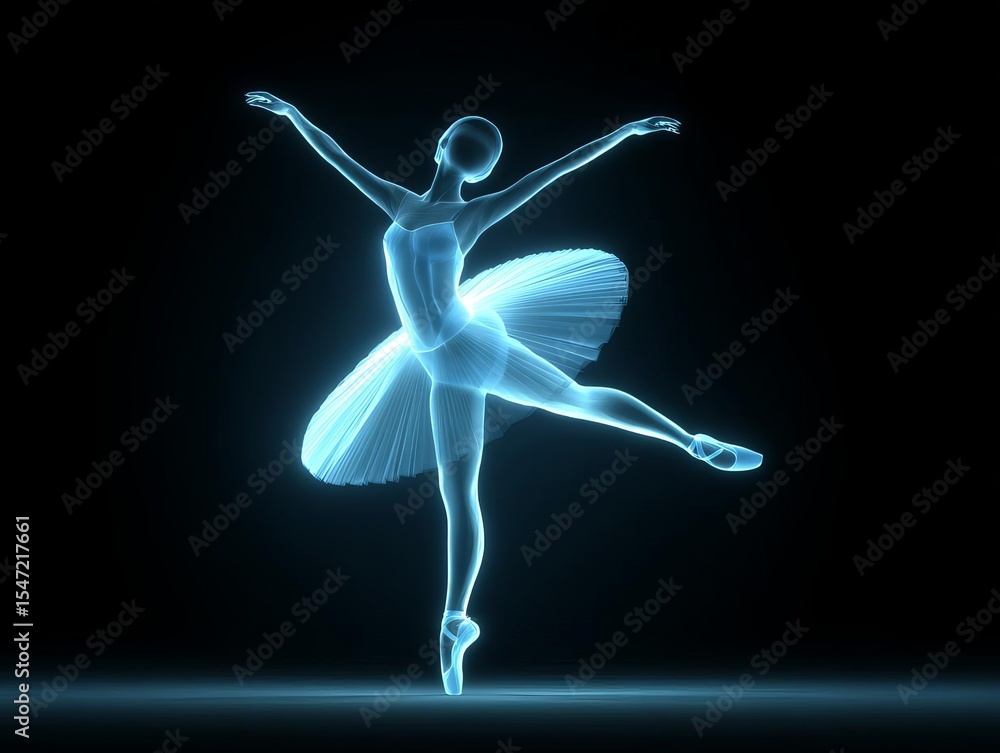 Obraz premium A graceful ballet dancer illuminated in soft blue light.