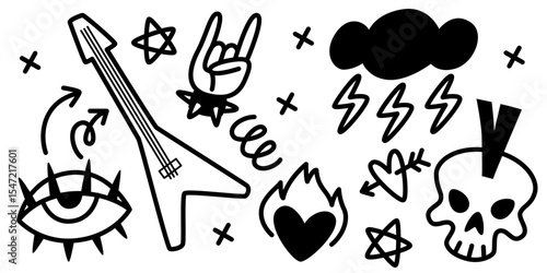 Edgy punk rock doodle set with skull and guitar, lightning and spiky eye, heart and flames. Bold hand drawn black icons for alternative music culture, grunge fashion, underground art.