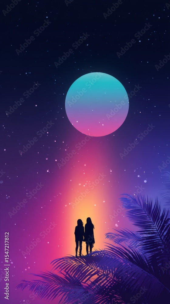 Silhouette Couple Underneath a Gradient Moon at Night Silhouette Couple Underneath a Gradient Moon at Night
