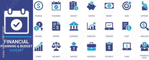 Flat icon set for financial planning, budgeting, income, saving, forecasting, and money management. Ideal for finance, reports, business, apps, and websites.
