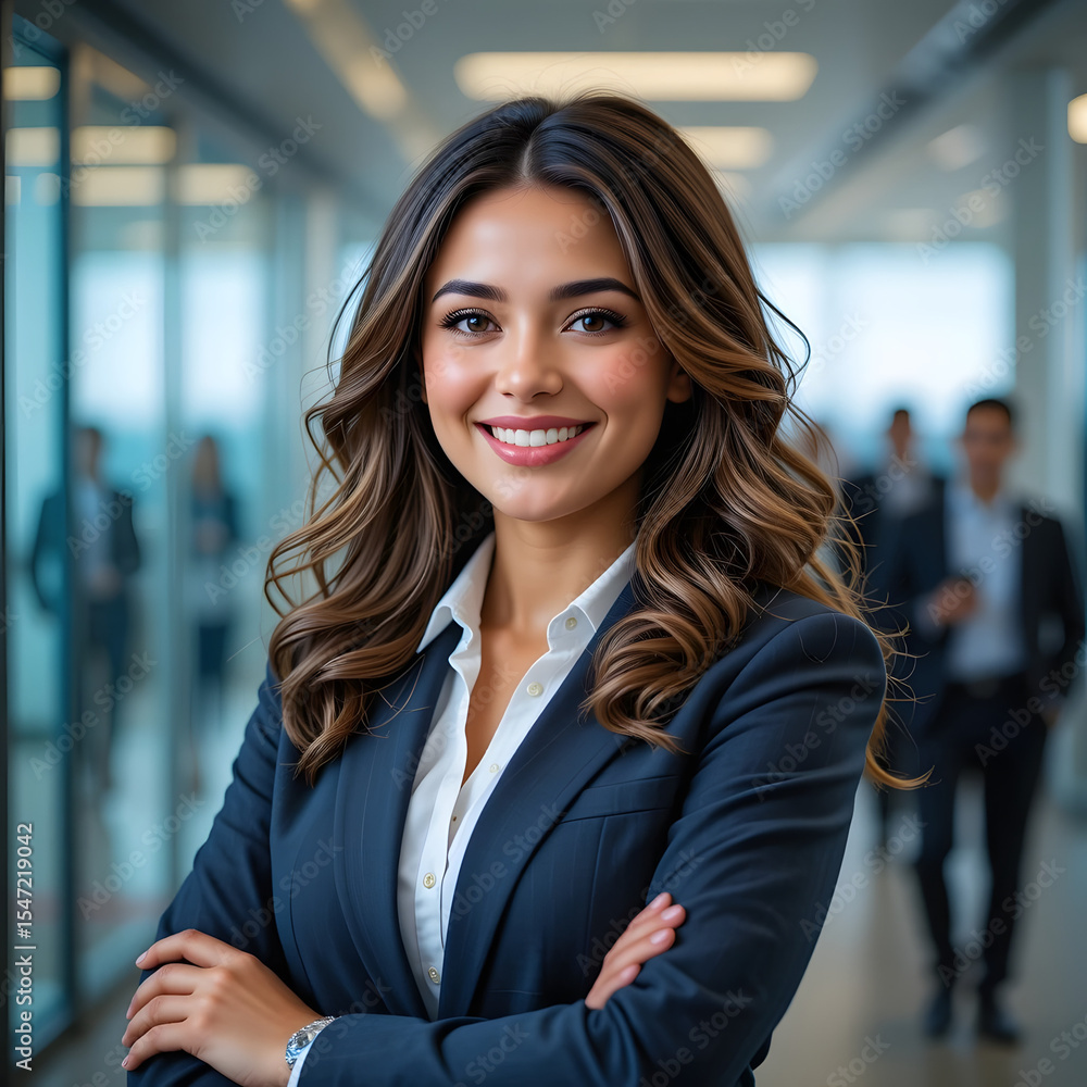 Retrato profesional de mujer joven sonriente en oficina moderna Retrato profesional de mujer joven sonriente en oficina moderna