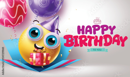 Adorable smiley emoji in a party hat holding a gift, bursting from a surprise box with balloons and confetti. Perfect for birthday cards, invitations, decorations, and festive digital designs.