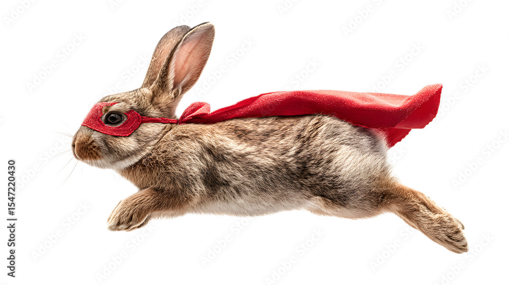 Obraz premium A playful brown rabbit wearing a vibrant red superhero cape captured in a dynamic side profile pose against a bright white background