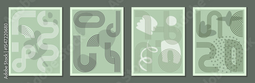 Set of trendy geometrical Bauhaus vector shapes. Aesthetic lines and circles organic backgrounds. Ideas for textile, background, oil color paintings, posters, wall hangings template, and brochure. 