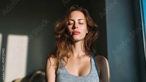 Serene Morning Meditation: A Woman Finds Peace and Tranquility in Sunlit Room by the Window