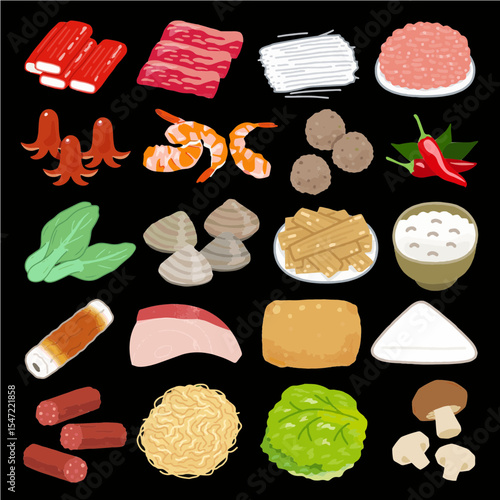 Sticker design themed on ways to prepare steamboat food with various fresh foods from seafood, vegetables, spices and meat