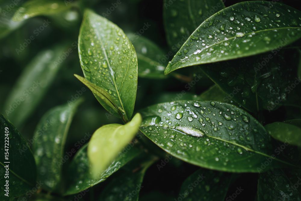 The leaves of a plant are wet with raindrops. Concept of freshness and vitality, as the rain nourishes the plant and brings out its natural beauty The leaves of a plant are wet with raindrops. Concept of freshness and vitality, as the rain nourishes the plant and brings out its natural beauty