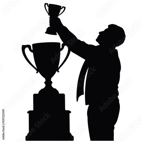 Person celebrating victory with trophy silhouette, work anniversary
