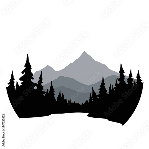 Alaskan silhouette of mountains and trees on white background, nature art
