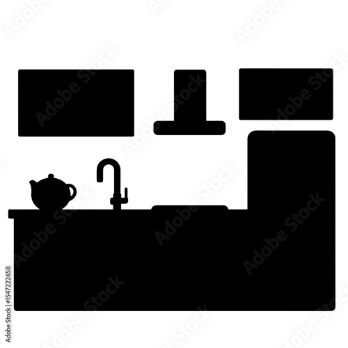 Silhouette of kitchen appliances and cabinets in black and white, culinary design
