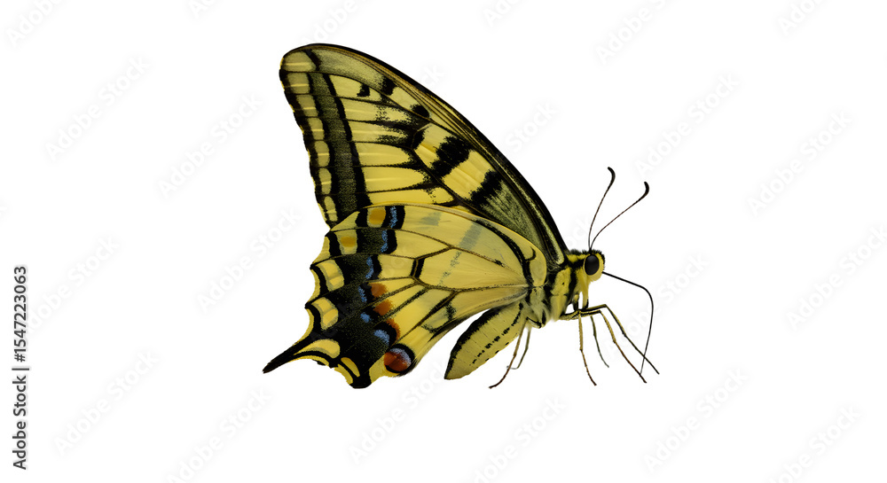 Fototapeta premium A vibrant yellow butterfly perched delicately on a flower, showcasing intricate wing patterns against a blurred garden backdrop