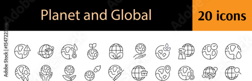 Global Line Icon Collection. Leaves, Plane, Eco Outline Signs for Graphic and Web Design, Apps, Adverts, Various Cards