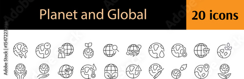 Global Line Icon Pack. Leaves, Plane, Eco Outline Signs for Graphic and Web Design, Apps, Adverts, Various Cards