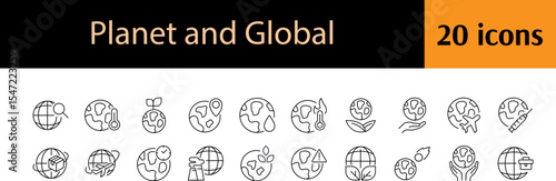 Global Line Icon Bundle. Leaves, Plane, Eco Outline Signs for Graphic and Web Design, Apps, Adverts, Various Cards
