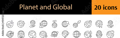 Global Thin Line Icon Set. Leaves, Plane, Eco Outline Signs for Graphic and Web Design, Apps, Adverts, Various Cards