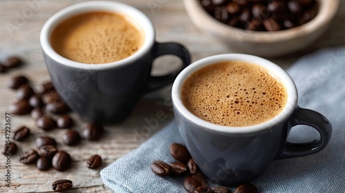 Early espresso with coffee props and caffeine kick concept. Two cups of fresh coffee with beans scattered on a wooden table.