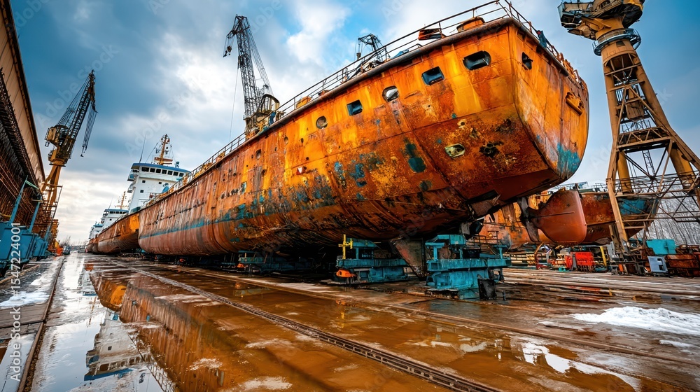 Fototapeta premium Rusty ship being repaired in shipyard dock
