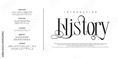Font History. Elegant awesome alphabet letters font and number. unique serif font. Classic Letters Minimal Fashion Designs. Vector wedding historical culture and heritage. Vintage typography
