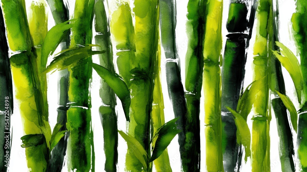 Fototapeta premium Serene green bamboo leaves painting, tranquil nature artwork for peaceful ambiance