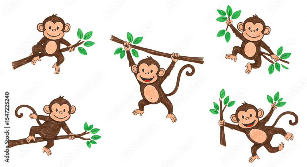 Obraz premium Playful cartoon monkeys swinging on branches with green leaves, showcasing joy and fun in a vibrant jungle setting