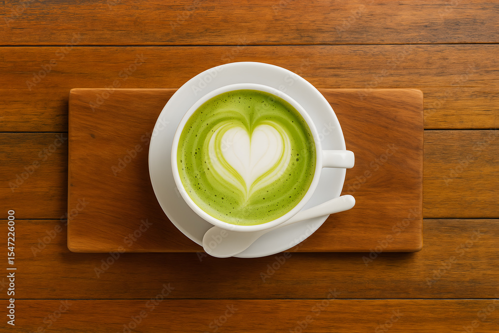 Obraz premium Matcha latte with heart latte art closeup cozy warm drink