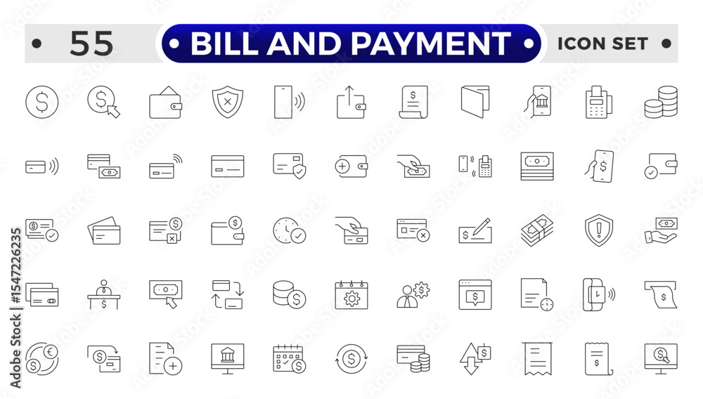 Bill and Payment Outline icon set. Containing finance related icons. bill, receipt, invoice, document, atm, cash, cryptocurrency, blockchain, banking, payments. Bill and Payment Outline icon set. Containing finance related icons. bill, receipt, invoice, document, atm, cash, cryptocurrency, blockchain, banking, payments.