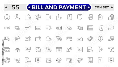Bill and Payment Outline icon set. Containing finance related icons. bill, receipt, invoice, document, atm, cash, cryptocurrency, blockchain, banking, payments.