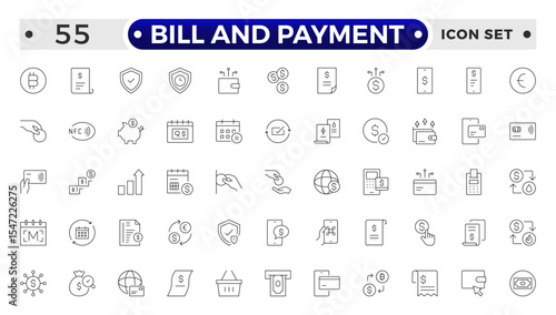 Bill and Payment Outline icon set. Containing finance related icons. bill, receipt, invoice, document, atm, cash, cryptocurrency, blockchain, banking, payments.