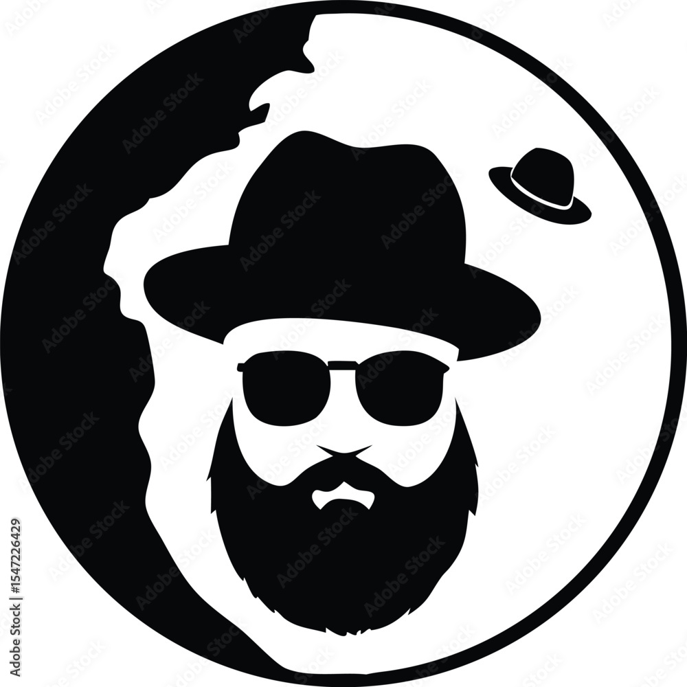 Fototapeta premium Monochrome Circular Illustration Bearded Man Fedora Sunglasses Globe Background vector
