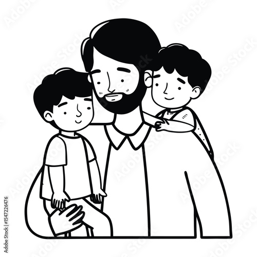 Monochrome Line Art Silhouette Father Two Sons Happy Family Embrace black