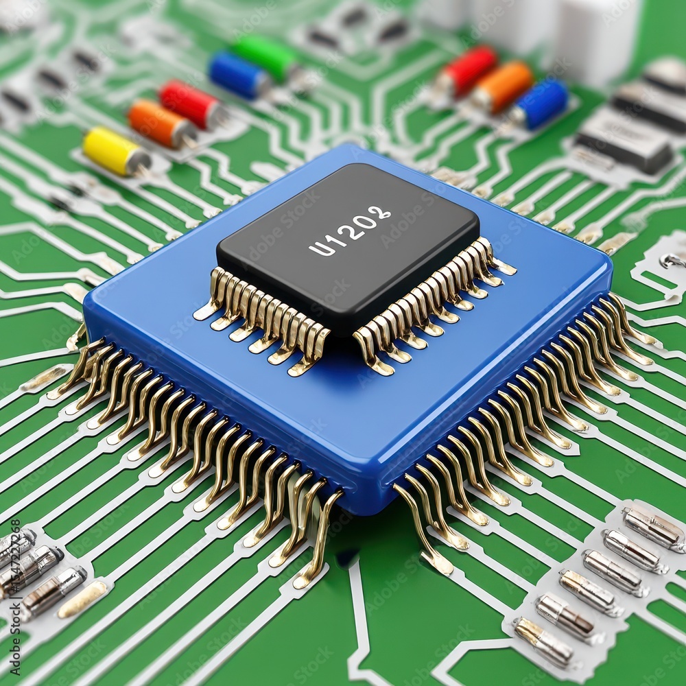 Blue Integrated Circuit Chip on Green Circuit Board Blue Integrated Circuit Chip on Green Circuit Board