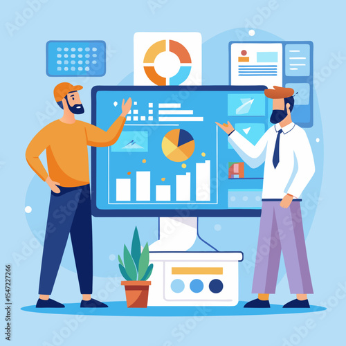 Two business men presenting data analysis on a large monitor with charts and graphs illustration