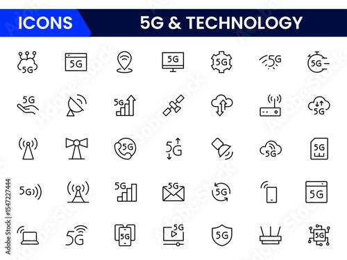 Cutting-edge vector web line icons depicting 5G, telecommunications, networks, connectivity, and advanced digital communication for seamless global interaction.