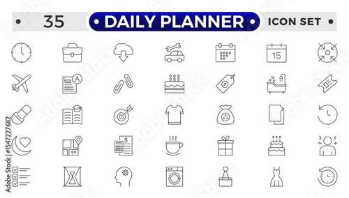 Daily Planner Outline icon set. Containing schedule, to-do list, task, manage time, planner, calendar, delegation, reminder, timer, set priorities and Time management.