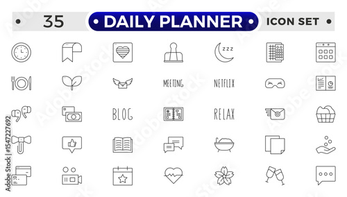 Daily Planner Outline icon set. Containing schedule, to-do list, task, manage time, planner, calendar, delegation, reminder, timer, set priorities and Time management.