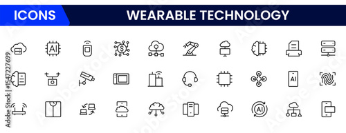 Sleek vector web line icons depicting wearable technology, smartwatches, fitness trackers, sensors, and innovative devices for connected lifestyles.