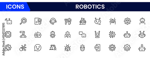 Robotics & Automation Icons vector illustration with thin line editable stroke containing data science, algorithm, chatbot, automation, machine learning, neural networks, face.