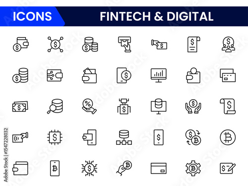 Sleek vector web line icons depicting fintech, digital payments, blockchain, mobile banking, and innovative financial technology for seamless transactions.