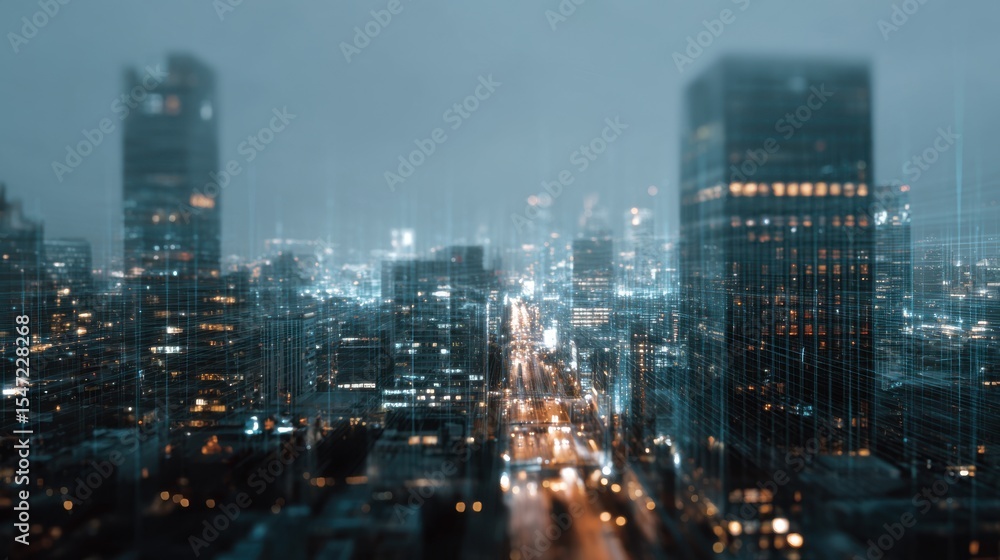 Obraz premium Futuristic smart city with a glowing digital network and data stream overlay