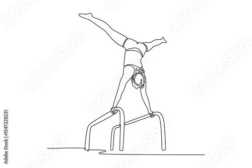 Single one line drawing female gymnast performing on parallel bars competition gymnastics. Young girl athlete doing complicated exciting trick. Continuous line draw design graphic vector illustration