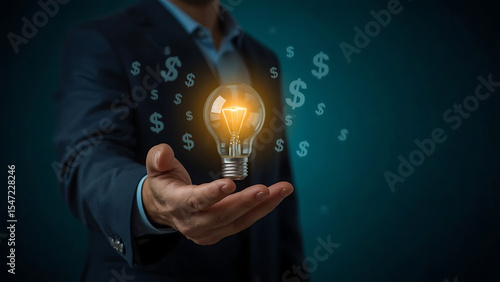 Scientist Presenting a Glowing Blue Atom Symbol in Open Palm, Representing Scientific Research, Atomic Energy, and Quantum Physics Concepts.