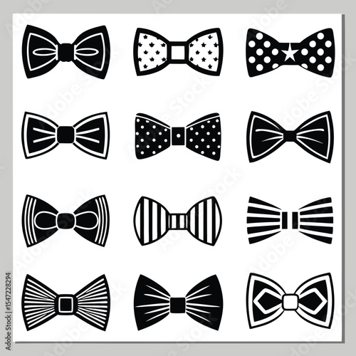 Sixteen Black and White Bow Tie Silhouettes Collection Various Patterns Stripes Polka Dots Stars 2