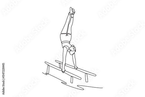 Continuous one line drawing woman athlete doing handstand on parallel bars in professional gym. Beauty sportswoman perform stunt in sports clothes. Single line draw design vector graphic illustration