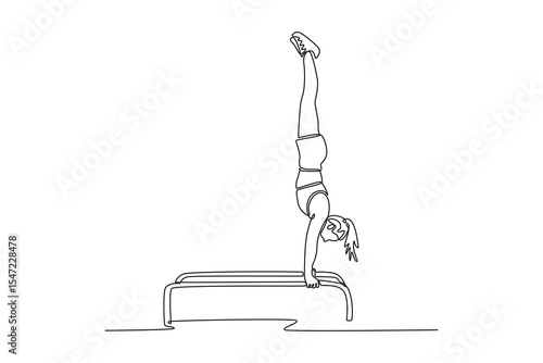 Single continuous line drawing woman athlete gymnast doing handstand on parallel bars competition artistic gymnastic. Perform acrobatic motion. Dynamic one line draw graphic design vector illustration